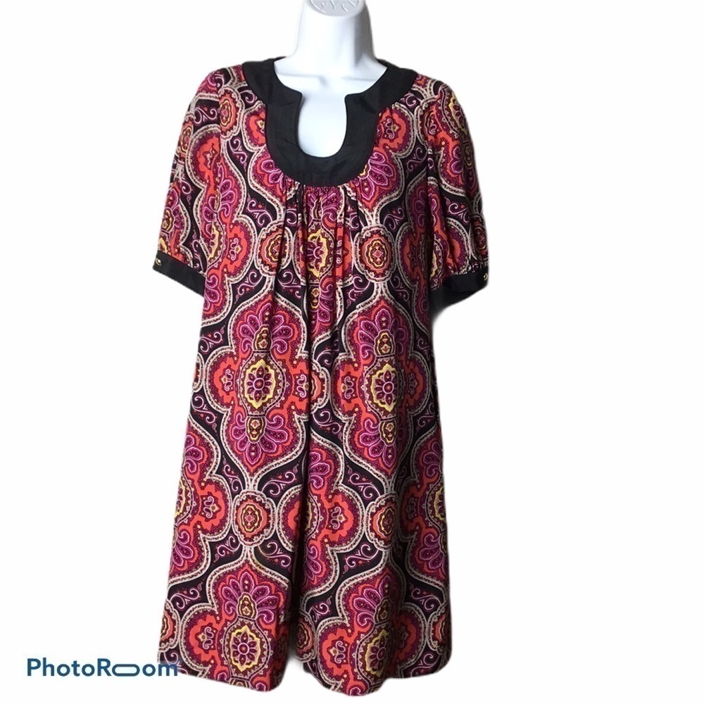 Shoshanna Pink Red Orange Paisley Midi Dress with Black Trim